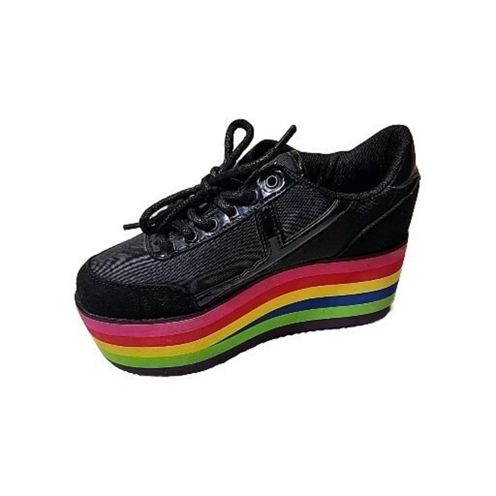 Y2K retro Japan YRU Kazari Womens Black Rainbow Platform Wedge Sneakers Size 8